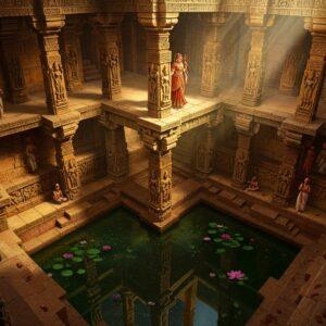 A majestic aerial view of Rani ki Vav stepwell in Gujarat, rendered in rich golden-orange sandstone tones, with intricate geometric patterns visible from above. The stepwell descends seven levels deep, each level illuminated by ethereal, divine light streaming through. The main focal point shows a beautiful Indian queen (Queen Udayamati) in an ornate royal attire with traditional Gujarati jewelry, standing at the top level, overlooking her architectural marvel. Around the structure, detailed sculptures of 500+ Hindu deities emerge from the walls, with special emphasis on different avatars of Lord Vishnu, carved in traditional Maru-Gurjara architectural style. Water at the lowest level reflects the intricate architecture, creating mirror-like symmetry. The scene is enhanced with floating lotus flowers in the water, and subtle rays of sunlight creating dramatic shadows across the carved pillars. The artwork combines hyperrealistic architectural details with ethereal Indian miniature painting style, featuring a color palette of deep maroons, burnt orange, gold, and peaceful blue tones. Small groups of devotees in period-accurate 11th-century Gujarati attire can be seen performing rituals at different levels.