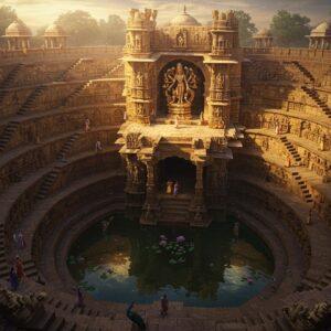 A stunning aerial view of an intricately detailed stepped well with seven levels descending into the earth, rendered in traditional Gujarati architectural style with modern digital aesthetics. The structure features ornate carved walls with over 500 principal sculptures and over 1000 minor ones, predominantly in soft golden sandstone color. The central point showcases a large, detailed sculpture of Lord Vishnu reclining on Sheshnag, emanating a subtle divine glow. Intricate geometric patterns and sacred motifs are carved throughout, with mandala-like designs on each level. Water reflects like mirrors at the bottom, creating mesmerizing patterns. The scene is illuminated by warm, ethereal light filtering through stylized clouds, casting dramatic shadows that highlight the architectural details. Small groups of people in traditional Gujarati attire provide scale perspective. Delicate lotus flowers float on the water surface, while peacocks perch on the steps. The art style combines hyperrealistic architectural details with magical realism, featuring rich earth tones, deep maroons, and gold accents, all rendered in high-definition digital art quality.