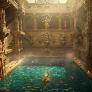 A majestic stepwell emerging from golden mist, featuring intricate Madhubani-style carved walls descending into crystal-clear turquoise waters. Queen Udayamati, wearing an elaborate gold-embroidered royal Gujarati ensemble and traditional jewelry, stands gracefully at the top level. The seven-tiered structure showcases detailed sculptures of Vishnu's dashavatars in traditional Indian art style, with the central figure being Lord Vishnu reclining on Shesha Naga. Ethereal light streams through the geometric patterns of the stepwell, creating dramatic shadows. Floating lotus flowers and diyas illuminate the water. The scene combines architectural precision with surreal elements - glowing mandalas hovering in the air, peacocks perched on ornate pillars, and subtle cosmic patterns in deep maroon and peacock blue embedded in the stonework. The perspective draws the viewer's eye down the magnificent stairs into the depths of the stepwell. Hyper-detailed digital art with photorealistic textures, enhanced with golden hour lighting and mystical atmosphere, showcasing both the grandeur of ancient Indian architecture and its spiritual significance.
