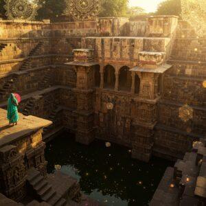 A majestic aerial view of Rani ki Vav stepwell at golden hour, with intricate Madhubani-style patterns highlighting the carved walls. The seven-tiered structure descends into the earth with detailed sculptures of Hindu deities visible on each level. Warm sunlight streams diagonally across the steps, creating dramatic shadows. In the foreground, a young Indian woman in a turquoise and gold saree stands at the top of the steps, holding a traditional parasol, gazing down at the architectural marvel. The scene features mystical elements with floating lotus flowers and subtle golden light particles in the air. The color palette includes deep sandstone browns, burnished gold, and peaceful blue tones of the sky. The architectural details are enhanced with ethereal glowing mandalas floating above each tier, while water reflections at the bottom create a mirror-like effect. The style combines hyperrealistic architectural documentation with ethereal Indian art elements, creating a surreal yet historically accurate representation of the stepwell.