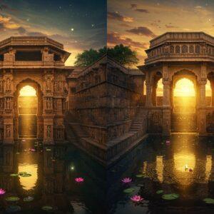 A stunning split-screen architectural composition featuring Rani Ki Vav and Adalaj Stepwell, rendered in intricate detail with traditional Indian Madhubani art style meets modern digital aesthetics. On the left, Rani Ki Vav showcases its seven levels with ornate sculptures of Vishnu's avatars, carved panels depicting celestial dancers, and geometric patterns in warm sandstone colors. On the right, Adalaj's octagonal structure with its Islamic-Hindu fusion architecture, featuring intricate jali work and carved columns. Both structures are illuminated by ethereal golden light streaming through their geometric openings. Water reflects in both wells, creating mirror-like surfaces with subtle ripples. Floating lotus flowers and mandala patterns in peacock blue and saffron accent the scene. The sky above shows a gradient from deep indigo to warm gold, with delicate cloud patterns inspired by traditional Indian miniature paintings. The scene is enhanced with soft glowing orbs of light and subtle mystical elements, suggesting the spiritual significance of these ancient water temples. Hyper-detailed architectural accuracy, photorealistic texturing, cinematic lighting, magical atmosphere.