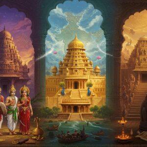 A grand panoramic scene depicting three majestic ancient Indian kingdoms seamlessly merging into one composition: a magnificent Chola bronze temple with intricate carvings and towering gopurams in the left, a resplendent Gupta-era golden palace with peacock motifs in the center, and a powerful Mauryan court with Ashoka's lion capital in the right. Indian rulers in regal attire (jewel-toned silk dhotis, golden crowns, elaborate jewelry) stand proudly in their respective courts. The foreground features detailed elements like burnished copper coins, palm leaf manuscripts, and ceremonial swords. The background showcases a stylized map of ancient India rendered in gold leaf with flowing rivers in shimmering blue. Ethereal light streams through ornate archways, creating dramatic shadows. Art style combines traditional Madhubani patterns in the borders with modern digital painting techniques. The color palette includes deep royal purple, burnished gold, rich maroon, and peacock blue. Intricate mandala patterns float in the sky like celestial bodies. The scene is enhanced with magical elements like glowing auras around the kingdoms and floating lotus flowers connecting the three realms.