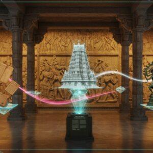 A majestic ancient Indian library with soaring marble pillars merging into a modern digital interface, illuminated by soft golden light. At the center, a large holographic projection displays a rotating 3D model of an intricately detailed Meenakshi Temple. On the left, ancient palm leaf manuscripts and copper plates float in mid-air, their Sanskrit text glowing with ethereal blue light. On the right, museum artifacts including a bronze Nataraja statue and Gupta-period coins are displayed on floating crystalline pedestals. The scene is framed by ornate Madhubani-style borders featuring peacocks and lotus motifs in deep indigo and saffron. Digital streams of light in pastel pink and turquoise flow between the artifacts, connecting past to present. In the background, a massive carved stone wall features relief sculptures from various Hindu historical periods, with each panel subtly animated and glowing. The lighting creates a mystical atmosphere with soft spotlights highlighting key elements. The art style combines photorealistic textures with surreal digital elements, maintaining cultural authenticity while presenting a modern, sophisticated aesthetic.