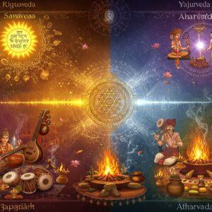 A majestic split-screen composition featuring four distinct quadrants representing each Veda, seamlessly blending into one unified image. The Rigveda section shows a radiant golden sun emanating light rays with Sanskrit hymns materializing as ethereal light particles, surrounded by celestial fire and floating mandalas. The Samaveda quadrant depicts musical instruments like veena and drums with visible sound waves in deep indigo and gold. The Yajurveda portion illustrates a sacred yajna fire pit with rising flames in saffron and crimson, with priests performing rituals. The Atharvaveda section shows healing herbs, celestial bodies, and mystical elements in emerald and silver hues. The center point where all quadrants meet features a large, intricate Sri Yantra in metallic gold. The entire scene is rendered in a fusion of traditional Madhubani patterns with modern digital art techniques, featuring rich jewel tones of deep maroon, royal blue, saffron, and gold. Ethereal light particles and flowing energy streams connect all sections. The background shows subtle sacred geometry patterns and floating lotus flowers in pastel hues. A soft, divine glow illuminates the entire composition, with hints of smoke and incense creating a mystical atmosphere. Hyperrealistic details with ornate Indian patterns and motifs throughout.