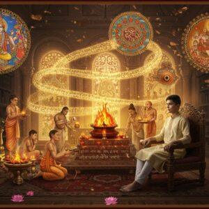 A serene ancient Indian library setting with a young UPSC aspirant in modern clothing (crisp white kurta) seated on an ornate wooden chair, illuminated by golden divine light streaming through circular windows. The scene features floating, ethereal visualizations of Rigvedic elements: a magnificent fire altar (yajna) with sacred flames in deep saffron, Vedic priests in traditional white dhoti performing rituals, and celestial deities like Indra on his divine elephant and Surya in his seven-horse chariot emerging from intricate Madhubani-style mandalas. Ancient Sanskrit verses in glowing golden script spiral gracefully around the scene. The background showcases detailed Pattachitra-style illustrations of important Rigvedic stories. The color palette combines deep maroons, rich golds, and peaceful blues. Floating lotus flowers, crystalline sacred rivers, and glowing prayer beads add spiritual ambiance. The art style merges hyperrealistic digital rendering with traditional Indian art motifs, creating a seamless blend of ancient wisdom and modern learning.