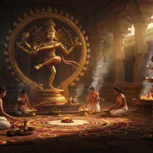 A majestic bronze Nataraja performing the cosmic dance in a grand Chola temple courtyard, illuminated by golden oil lamps. The deity has four arms - upper right holding damaru, upper left holding agni, lower right in abhaya mudra, lower left in gajahasta pose. Intricate Chola-era architectural details with granite pillars decorated with dancing apsaras in the background. Temple priests in traditional white vestments perform elaborate rituals with sacred fire and flower offerings. Smoke from yajna rises in ethereal spirals, creating a mystical atmosphere. The scene is rendered in rich colors - deep maroons, burning golds, and sacred saffron. Ornate Chola-period bronze vessels and traditional musical instruments like nadaswaram placed prominently. The temple's gopuram features detailed carvings showing various ritual scenes. A large mandala pattern on the floor created with rice flour and flower petals. The lighting is dramatic with warm golden hues from the oil lamps creating dancing shadows. Art style combines hyperrealistic 3D rendering with traditional Indian Tanjore painting aesthetics, enhanced with divine aura and subtle light rays. The overall composition emphasizes the grandeur and spiritual significance of Chola rituals.