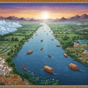 A majestic aerial view of the sacred Ganges River flowing through a verdant landscape, rendered in rich traditional Indian Madhubani art style with modern digital aesthetics. The river, depicted in deep peacock blue and silver, forms a luminous serpentine pattern across the canvas. Multiple small boats with traditional designs dot the riverscape. The riverbanks show intricate Madhubani-style patterns depicting various water sources - glaciers in white and crystal blues, lakes in turquoise, and tributaries in flowing patterns. Along the banks, detailed illustrations of Indian people performing various activities - farmers irrigating fields, women carrying water pots, and devotees offering prayers. The scene is framed with traditional border patterns featuring lotus motifs in gold and saffron. Sacred symbols like conch shells and water lilies float ethereally in the corners. The lighting creates a divine glow, with soft morning mist rising from the water. Mountains in the background are rendered in deep maroon with gold highlights. The overall composition combines photorealistic elements with stylized traditional art, creating a serene yet informative visual narrative. Intricate mandala patterns in the sky suggest the cosmic significance of these water bodies.
