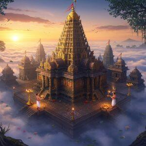 A majestic aerial view of an intricately detailed Hindu temple complex at sunrise, floating among misty clouds, combining elements of Angkor Wat and Prambanan temples. The central golden spire rises dramatically, adorned with ornate carvings of devas and apsaras. Multiple tiered roofs in deep maroon and gold extend outward in perfect symmetry. In the foreground, two young Indian priests in traditional white dhotis perform aarti with golden lamps, creating halos of warm light. The temple walls feature detailed bas-reliefs depicting scenes from Ramayana and Mahabharata in Madhubani art style. Ethereal beams of morning light filter through the mist, illuminating floating lotus flowers and sacred symbols. The color palette includes deep indigos, royal purples, burnished golds, and soft oranges of dawn. The scene is rendered in a fusion of hyperrealistic digital art with traditional Pattachitra patterns. Scattered peacocks with iridescent feathers add life to the temple courtyard. Sacred banyan trees with hanging roots frame the edges, their leaves catching the golden morning light. The atmosphere is mystical and serene with subtle particle effects of incense smoke swirling in the air.