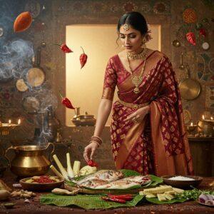 A stunning Indian woman in an elegant maroon and gold silk saree standing in a traditional kitchen adorned with brass utensils and copper cookware. She's gracefully arranging exotic local ingredients on a banana leaf - fresh river fish, bamboo shoots, bhut jolokia peppers, and aromatic herbs. The scene is illuminated by warm, golden light streaming through a window, creating a ethereal glow. In the background, intricate Madhubani-style patterns depicting local food stories seamlessly blend into modern minimalist kitchen elements. The composition includes delicate smoke wisps carrying subtle spice fragrances, rendered in soft pastel blues. Traditional brass lamps cast intricate shadows on the textured walls decorated with hand-painted food motifs. The overall scene has a dreamy, surreal quality with floating geometric mandalas made of spices and herbs. The color palette focuses on deep earthy reds, burnished golds, forest greens, and warm browns, with pops of saffron and turmeric yellows. Photorealistic style with magical realism elements, 8k resolution, cinematic lighting.