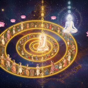 A surreal cosmic scene showing a luminous golden spiral representing the cycle of Samsara, with multiple ethereal figures in different stages of life transitioning along its path - from birth to death. At the center, a serene Indian yogi in pristine white dhoti sits in padmasana, radiating pure white light, representing Moksha. The spiral contains intricate Madhubani-style vignettes showing karmic actions and their consequences. Above, floating lotuses in various stages of blooming symbolize spiritual evolution. The background features a cosmic mandala with Sanskrit symbols and sacred geometry patterns in deep indigo and celestial blue. Swirling energy patterns in gold and saffron connect all elements. The lighting is otherworldly with soft glows and divine rays. Multiple translucent layers of reality are visible, showing both material and spiritual planes. A broken chain near the enlightened figure symbolizes liberation. Art style combines hyperrealistic digital art with traditional Indian artistic elements, creating a modern yet spiritually authentic aesthetic.