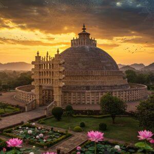 Majestic aerial view of the Great Sanchi Stupa during golden hour, with intricate Madhubani-style patterns overlaying the scene. The massive hemispherical dome sits atop a circular base, crowned with the distinctive triple umbrella (chattra). The ornate torana gateways stand prominently, richly detailed with Buddhist relief sculptures depicting Jataka tales in traditional Pattachitra art style. Ancient pilgrims in period-accurate clothing circumambulate the stupa, their forms rendered in ethereal, glowing outlines. The foreground features blooming lotus flowers in soft pastel pink and white. The sky displays a dramatic sunset with peacock blue and saffron hues, with subtle mandala patterns in the clouds. Floating diyas and prayer flags add mystical elements. The surrounding landscape shows carefully manicured gardens with ancient trees, all rendered in a harmonious blend of photorealistic and traditional Indian art styles. The lighting emphasizes the ancient sandstone architecture with warm, golden tones, creating deep shadows that highlight the intricate carvings. Background features distant mountains in a dreamy, watercolor style.