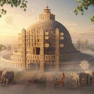 A majestic aerial view of the Great Sanchi Stupa during golden hour, with warm sunlight casting long shadows across its detailed architecture. The massive hemispherical dome is rendered in photorealistic detail, showing weathered sandstone textures. The four ornate torans (gateways) are intricately carved with Buddhist symbols, jataka tales, and lotus motifs in the Madhubani art style. Ancient monks in saffron robes circumambulate the pathway around the stupa. The surrounding landscape features mystical floating lotuses and mandalas in peacock blue and gold. Ethereal light particles dance around the monument. The foreground showcases detailed reliefs of elephants, lions, and the Ashoka chakra in a modern digital art style. Swirling mists in soft pastel colors (pale pink and light blue) add depth and mystery. The scene is framed by stylized bodhi tree branches with glowing leaves. Ultra-detailed, cinematic lighting, volumetric god rays, photorealistic textures merged with traditional Indian art elements, 8K resolution.