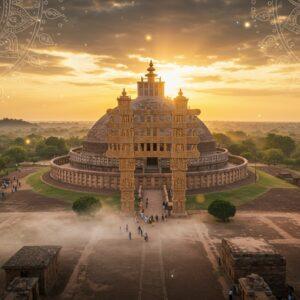 A magnificent aerial view of the Great Sanchi Stupa at golden hour, with warm sunlight casting long shadows across its intricate carvings and iconic torana gateways. The ancient Buddhist monument rendered in rich terracotta and sandstone tones, featuring detailed Madhubani-style patterns in the foreground. A ethereal mist surrounds the base, where modern Indian tourists in contemporary clothing explore the premises. The sky features delicate mandala patterns in soft pastels, merging traditional Indian art with digital aesthetics. In the background, rolling green Madhya Pradesh hills fade into a dreamy sunset. Traditional Buddhist symbols like the lotus and dharma wheel are subtly incorporated into decorative elements. The lighting is dramatic yet serene, with rays of sunlight filtering through the torana gates creating a spiritual atmosphere. The scene is composed with photorealistic details enhanced with surreal, glowing elements and floating prayer flags, suggesting both historical grandeur and modern accessibility.
