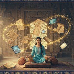 A serene Indian library setting with a young Indian woman in contemporary clothes with a traditional touch (pastel blue kurta) sitting cross-legged on an ornate meditation cushion. Around her, ancient Sanskrit manuscripts and scrolls float ethereally, emanating golden light. The manuscripts transform into digital tablets and modern books mid-air, creating a bridge between ancient and modern learning. Intricate Madhubani-style borders frame the scene, featuring peacocks and lotus patterns in deep indigo and gold. Holographic Sanskrit letters dissolve into sparkles of light that swirl around her. The background shows a massive carved stone temple wall with sacred geometry patterns. Multiple translucent layers of mandalas in soft pastels (rose pink, mint green, lavender) rotate slowly behind her. The lighting is dreamy and warm, with rays of sunlight filtering through ornate temple windows. Digital elements like glowing connectivity symbols blend seamlessly with traditional motifs. The overall composition suggests a harmonious fusion of traditional wisdom and modern learning methods. Hyperrealistic digital art style with ethereal elements.