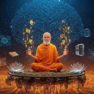 A serene Indian sage in traditional saffron robes seated in padmasana on a floating digital circuit board platform, his hands forming mudras that emit streams of golden Sanskrit letters transforming into binary code (1s and 0s). The background features a massive, intricately detailed Madhubani-style tree of knowledge whose branches morph into neural network patterns glowing in deep blue and gold. Floating crystalline screens display geometric patterns that blend traditional Indian rangoli designs with modern circuit diagrams. The scene is illuminated by an ethereal light, creating a gradient from deep peacock blue at the top to warm saffron at the bottom. Sacred lotus flowers made of translucent digital wireframes bloom around the platform. The art style combines hyperrealistic digital rendering with traditional Indian Pattachitra patterns in the details. Swirling energy patterns connect ancient manuscripts floating on one side to modern servers and quantum computers on the other, symbolizing the bridge between ancient wisdom and modern technology. The overall mood is mystical yet futuristic, with a color palette of deep maroons, electric blues, burnished golds, and glowing whites.