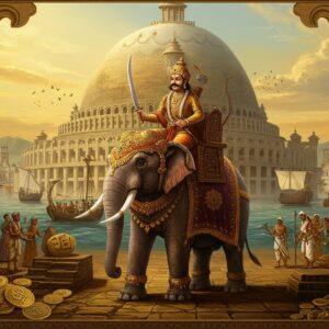 A majestic scene depicting King Satakarni in royal Satavahana attire, wearing a golden crown adorned with precious gems, mounted on an ornate war elephant decorated with rich ceremonial dress in deep maroon and gold. The king holds ancient Indian weapons - a sword in his right hand and a bow in his left. Behind him stands the magnificent Amaravati Stupa with intricate Buddhist carvings, rendered in the style of traditional Pattachitra art but with modern digital enhancement. The scene includes detailed trade ships in the background suggesting maritime commerce, with merchants trading coins and goods. The color palette features rich golds, deep maroons, and peacock blues. The foreground shows archaeological elements like coins bearing Satavahana symbols and Sanskrit inscriptions. Ancient marketplace scenes are depicted in Madhubani style on either side, showing people trading in precious gems, spices, and textiles. The lighting creates a dramatic golden hour effect, with rays highlighting the king's powerful presence. The entire composition is framed with traditional Indian geometric patterns and motifs, creating a seamless blend of historical accuracy and artistic interpretation.
