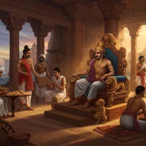 A grand panoramic scene of a majestic Satavahana royal court set in ancient Amaravati, featuring elegant Indian figures wearing traditional draped garments with distinctive Greek-influenced designs. In the center, a noble Satavahana king sits on an ornately carved throne adorned with Buddhist symbols and lion motifs, wearing elaborate gold jewelry and a unique helmet-crown fusion. The surrounding court features scholars writing in Brahmi script on palm leaves, merchants displaying Roman coins and Chinese silk, and artists creating remarkable sculptures. The architecture combines Buddhist stupas with Greco-Roman columns, decorated with intricate Madhubani-style patterns in deep maroon and gold. The scene is illuminated by warm, ethereal light filtering through carved stone windows, creating a mystical atmosphere. In the foreground, detailed pottery showcases early Prakrit inscriptions, while the background reveals ship merchants at a bustling port, symbolizing the dynasty's extensive trade networks. The art style merges traditional Indian Pattachitra techniques with modern digital rendering, using a rich color palette of royal purple, burnished gold, deep terracotta, and peacock blue, enhanced by subtle glowing effects and ethereal mist.