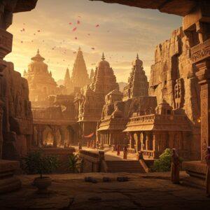 A majestic panoramic view of an ancient Satavahana city at golden hour, featuring ornate limestone architecture with distinctive Buddhist stupas and Hindu temples rising against a warm sunset sky. In the foreground, intricately carved cave entrances adorned with traditional Satavahana-era medallions and symbols. The scene showcases detailed stone sculptures of royal figures wearing characteristic Satavahana dynasty attire and jewelry. A grand trade route winds through the city, with merchants in period-accurate clothing. The atmosphere combines both grandeur and mystery, with soft golden light filtering through ancient stone pillars. The art style merges traditional Indian Pattachitra patterns in the architectural details with modern digital rendering techniques. The color palette features rich earthy tones of sandstone, deep maroons, and burnished gold, accented by ethereal glowing lights emerging from cave openings. Floating lotus petals and subtle mandala patterns in the sky add a spiritual dimension. The scene is captured in a cinematic wide-angle perspective, with ray-traced lighting creating dramatic shadows and highlighting the architectural details. Hyperrealistic texturing on the stone surfaces shows centuries of weathering while maintaining the structure's majesty.