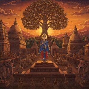 A majestic ancient Indian city-scape at sunset with towering Buddhist stupas and ornate palace architecture in Madhubani art style, featuring intricate gold and saffron details. In the foreground, a noble Shakyan ruler wearing a rich blue royal dhoti and golden crown stands on an elevated platform, surrounded by lotus motifs and carved elephants. Behind him, a massive bodhi tree with glowing golden leaves spreads across the sky. The scene includes multiple layers showing the civilization's evolution - carved stone reliefs depicting Buddhist teachings, royal court scenes, and trading caravans. The color palette combines deep maroons, peacock blues, and burnished golds. Ethereal light streams through clouds, creating a mystical atmosphere. The architecture features detailed patterns inspired by Pattachitra art, with intricate borders and geometric designs. Small vignettes in the corners show meditation scenes, royal assemblies, and scholarly discussions. The overall composition has a surreal, dreamlike quality with floating lotuses, spiral mandalas, and subtle sacred geometry patterns integrated throughout.
