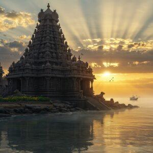 A majestic ancient Shore Temple emerging from misty ocean waves at sunrise, its pyramidal structure crafted in intricate Pallava architecture with detailed carvings visible. The temple's three shrines stand prominently, with the main shrine dedicated to Lord Shiva featuring ornate vimanas and sculptured Nandi bulls. The foreground shows weathered granite stones with traditional Dravidian architectural motifs, while in the background, golden-orange sun rays pierce through clouds, creating a divine atmosphere. The scene includes small fishing boats in the distance, paying homage to its coastal heritage. The temple is surrounded by carefully manicured gardens with period-accurate sculptures and reliefs. The art style combines hyperrealistic architectural details with ethereal lighting, featuring a color palette of deep greys, warm golds, and oceanic blues. The scene is enhanced with subtle spiritual elements like floating lotus petals and glowing mandala patterns in the sky, merging historical accuracy with mystical beauty. The temple's reflection in the calm waters below creates a mirror effect, while ancient Tamil inscriptions are visible on the temple walls. Rendered in a style that blends photorealistic textures with traditional Indian art elements.