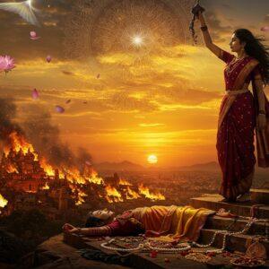 A dramatic scene depicting Kannagi standing atop a hill at sunset, her silhouette powerful and determined against a glowing golden sky. She holds her iconic anklet high in her right hand, its emeralds gleaming. Her hair flows wildly in the wind, wearing a traditional Tamil Nadu style saree in deep maroon with gold borders. The city of Madurai burns below in stylized flames rendered in vibrant oranges and reds, with intricate Madhubani-style patterns within the flames. The background features a large, ornate mandala in peacock blue and gold, symbolizing the wheel of dharma. In the foreground, lying on decorated stone steps, is her husband Kovalan's form, surrounded by scattered pearl necklaces and gold jewelry. The scene is rendered in a fusion of traditional Pattachitra art style with modern digital aesthetics, featuring deep, rich colors and intricate cultural motifs. Ethereal lotus flowers float in the air, their petals illuminated by divine light. The overall composition should convey both tragedy and justice, with a mystical, spiritual atmosphere enhanced by soft glowing elements and subtle sacred geometry patterns.