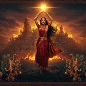 A dramatic scene depicting Kannagi, a beautiful young Tamil woman in a rich red and gold traditional Tamil silk saree, standing atop a hill with her hair flowing in the wind, holding her legendary anklet high above her head which emanates a mystical golden glow. Behind her, the city of Madurai is illustrated in traditional Pattachitra style with intricate details, partially engulfed in ethereal flames. The scene is framed by ornate Tamil architectural elements and peacock motifs. In the foreground, symbolic elements like a merchant's scale, dancing peacocks, and fragments of jewelry are arranged in a decorative mandala pattern. The color palette combines deep maroons, royal blues, and burnished golds with subtle lotus patterns in the background. The lighting is dramatic with a combination of fire glow and divine light, creating an otherworldly atmosphere. The art style merges classical Tamil temple art with modern digital fantasy illustration techniques, maintaining cultural authenticity while appealing to contemporary aesthetics. The scene is highly detailed with Madhubani-inspired patterns in the borders and spiritual symbols like the rising sun subtly incorporated into the design.