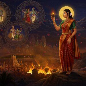 A dramatic scene depicting Kannagi standing atop a hill, her figure illuminated by a golden aura, wearing a traditional Tamil Nadu style red and gold silk saree with temple border. Her right hand raised holding her iconic anklet against a glowing moon. Below her, the city of Madurai is shown partially aflame with stylized Madhubani-inspired fire patterns in saffron and deep red. In the background, three smaller scenes float in mandala-shaped frames: Kovalan and Madhavi dancing together, Kannagi and Kovalan's wedding ceremony, and a merchant weighing anklets. The artwork features intricate Tamil kolam patterns flowing throughout the composition in gold lines. The color palette combines deep maroon, royal blue, and gold with subtle peacock green accents. The scene is rendered in a fusion of traditional Pattachitra art style with modern digital techniques, creating a surreal, ethereal atmosphere with soft glowing elements and floating lotus petals. Small details include traditional Tamil architecture, period-accurate jewelry, and symbolic elements like the neem tree and temple spires.