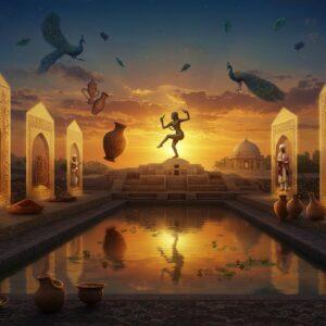 A majestic panoramic view of ancient Mohenjo-daro at sunset, with the Great Bath in the foreground reflecting golden light. The scene seamlessly transitions through different historical periods using ethereal, glowing portals. The left side shows Vedic-era traders in traditional dhoti and turbans conducting trade with gold coins and spices, while the right side depicts Sufi saints in flowing robes near ornate domed structures. The foreground features intricate Ajrak patterns in deep indigo and maroon, merging with the waters of the Indus River. Ancient artifacts like terracotta seals, dancing girl bronze statue, and pottery float mystically in the air, each emanating a soft golden glow. The sky showcases a beautiful gradient from deep peacock blue to saffron, with stylized motifs of lotuses and peacocks inspired by Sindhi art. The entire scene is rendered in a fusion of hyperrealistic digital art with traditional Sindhi artistic elements, featuring rich textures, detailed architectural elements, and atmospheric lighting that creates a dreamlike quality. The composition maintains historical accuracy while presenting a visually stunning and spiritually evocative portrayal of Sindh's heritage.