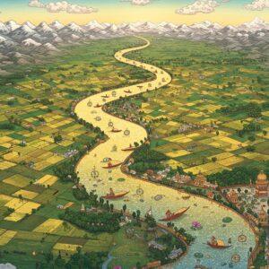 A majestic aerial view of the Sindh River meandering through diverse Indian landscapes, rendered in vibrant Madhubani-inspired art style. The river appears as a shimmering golden-blue ribbon, decorated with intricate traditional patterns along its banks. The surrounding terrain shows detailed topographical features - snow-capped mountains at the source, lush green valleys, agricultural fields in geometric patterns, and settlements along the riverbank. Floating lotus flowers and traditional boats dot the water surface. The scene is illuminated by a warm, ethereal glow, with soft pastel clouds in peacock blue and pale pink hovering above. Cultural motifs like mandala patterns subtly emerge from the landscape, while traditional Indian architectural elements appear along the riverbank. The overall composition follows a flowing, curved layout, enhanced by delicate gold-leaf effects and subtle spiritual symbols integrated into the natural elements. The art style combines satellite imagery-like precision with traditional Indian art aesthetics, creating a surreal yet geographically accurate representation.