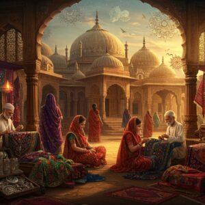 A stunning panoramic scene of a bustling traditional marketplace where Sindhi and Gujarati cultures seamlessly blend, featuring women in traditional Ajrak prints and Bandhani sarees in deep indigo, crimson, and saffron colors. The foreground showcases intricate silver jewelry, mirror work, and block-printed textiles displayed on wooden stalls. Two elderly artisans, one Sindhi and one Gujarati, sit side by side working on detailed embroidery pieces featuring peacocks and paisleys. The background reveals magnificent architecture combining the dome styles of Sindhi mosques and Gujarati stepwells, with intricate jharokhas and carved pillars. Floating above the scene are ethereal, translucent motifs of shared cultural elements - rogan art patterns, bandhani tie-dye swirls, and ajrak block print designs in gold and turquoise. The lighting is warm and golden, casting long shadows across the marketplace, with soft rays filtering through carved lattice windows. The scene is rendered in a fusion of Madhubani and digital art styles, with rich textures and intricate details in a hyper-realistic yet mystical aesthetic. Soft glowing mandalas float in the corners, unifying the entire composition.