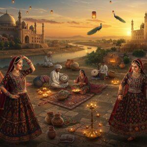 A grand aerial view of the Sindhi landscape at golden hour, featuring ancient Mohenjo-daro ruins seamlessly blending into a modern cityscape. In the foreground, a young Sindhi woman in a traditional Ajrak dress with intricate block prints in deep indigo, maroon, and gold, performing the traditional Sindhi dance with bangles and jewelry. The middle ground showcases artisans creating colorful Rilli textiles and handcrafted pottery in traditional designs. The background features historical architecture with Islamic geometric patterns, decorated with mirror work and colored glass mosaics. Floating ethereal elements include traditional Sindhi musical instruments, peacocks, and flowing water from the Indus River. The scene is illuminated by warm, glowing lanterns and oil lamps, creating a mystical atmosphere. Art style combines photorealistic details with magical realism, incorporating both Madhubani-inspired patterns and modern digital art techniques. Rich color palette of deep blues, earthy reds, and golden yellows, with subtle spiritual motifs and mandalas integrated into the composition.