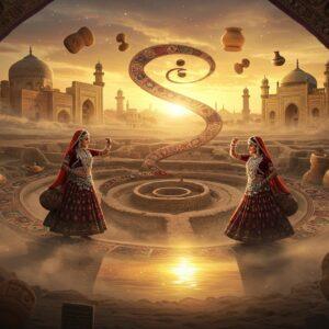 A grand ethereal scene showcasing a majestic Moenjo-daro archaeological site at sunset, with the Great Bath in the foreground reflecting golden light. Ancient Sindhi artifacts, including Indus Valley seals and terracotta pottery, float gracefully in a spiral pattern. Two elegant Indian women in traditional Sindhi Ajrak patterns and heavy silver jewelry perform the traditional Sindhi Jhumar dance. The background features intricate Madhubani-style borders with peacock motifs in deep indigo and maroon. Ornate Islamic architectural elements from the Samma Dynasty emerge from swirling mists, while traditional Sindhi ralli quilts with geometric patterns cascade like waterfalls in the middle ground. The scene is illuminated by warm, golden light with hints of saffron and turquoise, creating a mystical atmosphere. Digital art style merging photorealism with traditional Indian art, featuring rich textures, detailed patterns, and a dreamy, ethereal quality. hyper-detailed, cinematic lighting, 8k resolution, digital painting