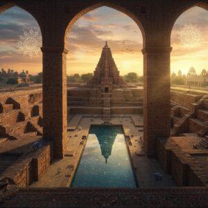 A majestic aerial view of ancient Mohenjo-daro ruins at sunset, with golden light illuminating the intricate brick structures and the Great Bath in stunning detail. In the foreground, a beautifully detailed Ajrak pattern flows like a river, transforming into actual water that reflects the civilization's grandeur. The scene includes symbolic elements of Sindhi culture: traditional Sindhi caps, detailed pottery with Indus Valley scripts, and peacocks with flowing tails. The color palette features deep indigos, terracotta reds, and turquoise blues typical of Sindhi art. Ethereal light rays pierce through ancient archways, creating a mystical atmosphere. Incorporating delicate Madhubani-style border patterns that blend seamlessly with Islamic geometric designs. The composition shows both ancient and medieval architectural elements, with the Makli necropolis monuments visible in the background. Soft, glowing mandalas float in the sky like celestial bodies, their patterns reflecting both Hindu and Islamic artistic influences. The scene is rendered in a hyper-realistic style with magical realism elements, featuring highly detailed textures and atmospheric lighting.
