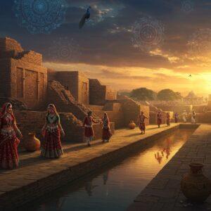 A majestic panoramic scene of ancient Mohenjo-daro at sunset, with the Great Bath in the foreground reflecting golden light. Traditional Sindhi women in intricately embroidered Ajrak patterns and elaborate silver jewelry walk along the stone pathways. The architecture features detailed brick structures with precise geometric patterns. In the background, a vibrant marketplace shows merchants trading colorful textiles, pottery, and spices. Floating ethereal mandalas and mystical patterns in deep indigo, crimson, and gold hover in the air, creating a magical atmosphere. The scene includes elements of Sindhi culture - peacocks, lotus motifs, and traditional musical instruments. The lighting is warm and dramatic, with rays of sunlight filtering through ancient archways. The art style combines hyperrealistic architectural details with stylized Madhubani-inspired patterns, creating a surreal yet historically accurate atmosphere. The color palette features rich terracotta, turquoise, deep blue, and gold, with a subtle spiritual glow encompassing the entire scene. In the middle distance, a group of dancers perform the Sindhi Jhumar, their movements captured in flowing, graceful lines.