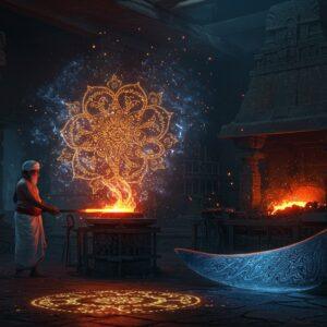 A masterful Indian blacksmith in traditional attire standing in a dimly lit forge, illuminated by the ethereal blue glow of molten wootz steel. The steel's distinctive wavy damascus patterns float in the air as golden magical wisps, forming intricate mandala patterns. The scene showcases ancient tools alongside modern forge equipment. In the foreground, a perfectly crafted wootz steel blade reflects light, displaying its characteristic water-ripple pattern in deep blues and silvers. The background features stylized Chola-era temple architecture with ornate carvings. The lighting creates dramatic shadows, with sparks and embers floating upward. The composition includes traditional Kolam patterns on the forge floor, glowing with a subtle golden light. The scene combines hyperrealistic details with magical elements, rendered in a style merging traditional Tanjore art with modern digital aesthetics. Rich colors of molten metal oranges, deep indigos, and burnished golds dominate the palette.