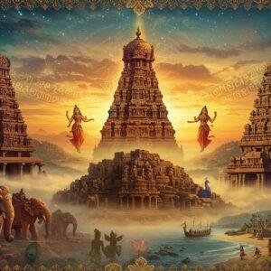A grand, panoramic scene showcasing three distinct architectural marvels - the Brihadeeswara Temple (Cholas), Hampi ruins (Vijayanagara), and Mahabalipuram shore temple (Pallavas) - emerging from a mystical golden mist. In the foreground, intricately carved stone elephants and horses in Hoysala style come alive, their details rendered in deep maroon and gold. The sky features a dramatic sunset with peacock blue and saffron hues, where constellations form ancient Tamil-Brahmi scripts. Dancing apsaras in traditional South Indian attire float ethereally between the structures, their jewelry glinting with divine light. The scene incorporates motifs from Ajanta-style paintings, showing warriors, traders, and artists in period-accurate costumes. Ancient ships with spice cargo visible near the shore temple represent maritime trade. The composition follows Madhubani art patterns but with a modern digital finish, creating depth through layers of architectural elements. Mandala patterns radiate from each temple's vimana, connecting them through streams of golden light. The scene is framed by blooming lotus flowers and peacock feathers in rich jewel tones, creating a surreal yet historically accurate representation of South India's golden age.