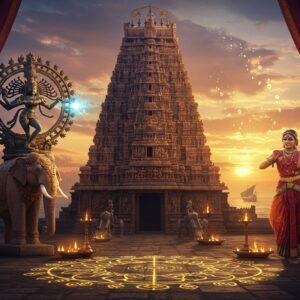A majestic scene depicting the grandeur of South Indian history, featuring a towering Dravidian-style temple gopuram with intricate golden carvings in the center, rising into a mystical sunset sky filled with soft purples and oranges. In the foreground, a Chola-era bronze Nataraja performs the cosmic dance, emanating ethereal blue energy waves. The left side shows a Pallava-era stone-carved elephant with detailed ornaments, while the right features a traditional bharatanatyam dancer in a rich red and gold silk saree frozen in a graceful pose. Ancient Tamil Brahmi scripts float as ethereal golden light particles in the air. The scene is framed by flowing silk textiles in deep peacock blue and royal maroon. Marine trading ships from the Pandya era sail in the distant horizon. Intricate kolam patterns made of glowing light weave throughout the scene. The art style combines hyperrealistic textures with Madhubani-inspired patterns, rendered in rich, deep colors with gold accents. Soft divine light bathes the entire scene, creating a mystical atmosphere. The perspective should be slightly low-angle to emphasize grandeur.