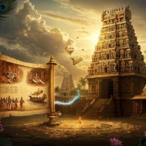 A majestic panoramic scene of ancient South Indian architecture merging with mystical elements, featuring a towering Dravidian-style temple with intricate gopuram reaching into a golden-hued sky. The temple has multiple tiers adorned with detailed sculptures of deities and mythological figures in traditional Chola bronze style. In the foreground, an ethereal floating scroll made of golden light unravels, containing glimpses of historical scenes - dancing Bharatanatyam performers, maritime trade ships of the Chera dynasty, and Pallava rock-cut temples. Ancient palm leaf manuscripts hover in the air, their edges glowing with a soft blue aura. The scene is illuminated by warm, divine light streaming through clouds, creating sun rays that highlight the architectural details. Traditional Kolam patterns flow like rivers of light across the ground, connecting various elements in the scene. The color palette focuses on rich golds, deep browns, terracotta reds, and royal blues, with hints of turquoise and emerald green. The style combines hyperrealistic architectural details with ethereal, floating elements in a Madhubani-inspired pattern work, creating a seamless blend of historical accuracy and magical realism. The scene is framed by blooming lotus flowers and peacock feathers in metallic hues.