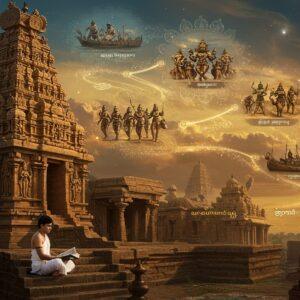 A majestic panoramic scene of ancient South Indian architecture, featuring a towering Dravidian-style temple with intricate gopuram decorated with detailed sculptures and vibrant colors (gold, terracotta, and deep blue). In the foreground, a young Indian scholar in traditional white dhoti and angavastram sits cross-legged on ornate stone steps, studying palm leaf manuscripts. Behind him, a magical timeline flows like a river in the air, showing ethereal vignettes of key historical moments - Chola bronze dancers, Vijayanagara warriors, spice trade ships, and Pallava rock-cut temples. The scene is illuminated by warm, golden light with mystical blue undertones. Floating mandala patterns and traditional kolam designs frame the composition. Ancient Tamil Brahmi scripts float as translucent symbols in the background. The art style merges hyperrealistic architectural details with ethereal, surreal elements, creating a dreamlike quality while maintaining historical accuracy. The color palette focuses on rich golds, deep browns, terracotta reds, and royal blues, with hints of turquoise and copper patina.