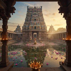 A grand aerial view of a majestic South Indian temple complex at golden hour, featuring a massive 200-foot gopuram with intricate Dravidian architecture, adorned with hundreds of colorful sculptural details and mini-towers. The temple's reflection shimmers in a sacred pond filled with pink lotus flowers. Multiple circular mandala patterns are etched into the stone courtyard, with intricate rangoli designs made of flower petals. The scene includes elegant stone pillars with intricate carvings of dancing apsaras and mythological scenes. Soft divine light streams through the pillars, creating dramatic shadows. The foreground shows traditional brass oil lamps with glowing flames. The color palette includes deep gold, terracotta red, and peacock blue, with hints of saffron and turquoise. The temple walls feature detailed fresco paintings in Tanjore style. Small groups of devotees in traditional attire worship in the distance. Ethereal mist surrounds the upper portions of the gopuram, while floating diyas illuminate the water. The scene combines photorealistic architectural details with a mystical, surreal atmosphere, rendered in a style that blends traditional South Indian art with modern digital aesthetics.