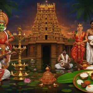 A panoramic scene of South Indian cultural elements merging seamlessly - a massive ornate Gopuram of a Dravidian temple with intricate carvings in gold and deep maroon rises in the background, its reflection shimmering in a lotus-filled tank. In the foreground, a graceful Bharatanatyam dancer in a rich silk pavadai (red and gold) performs with mudras, her jewelry glinting. To her left, a Kathakali performer in vibrant green and white facial makeup strikes a dramatic pose. Traditional brass kuthuvilakku lamps cast a warm golden glow. On the right, skilled artisans work on Tanjore paintings using gold leaf and precious stones. Banana leaves with traditional South Indian meals appear on bronze plates. The scene includes classical musical instruments - veena, mridangam, and flute. The entire composition is framed by coconut palms and jasmine garlands. The art style combines hyperrealistic digital art with traditional Indian Tanjore painting aesthetics, featuring rich jewel tones (deep blues, emerald greens, royal purples, and gold), intricate patterns, and a magical ethereal quality enhanced by soft glowing highlights.