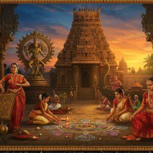 A grand panoramic scene of ancient South Indian temple architecture merging with cultural elements, featuring a majestic Dravidian-style gopuram with intricate golden carvings rising towards a mystical sunset sky in peacock blue and deep orange. In the foreground, a classical Bharatanatyam dancer in a rich maroon and gold silk saree performs with mudras, her jewelry gleaming. To her left, a master craftsman works on traditional Tanjore painting with gold leaf details. The middle ground shows women in traditional Kerala kasavu sarees creating elaborate pookolam (flower rangoli) with vibrant marigolds and lotus petals. The scene is adorned with bronze Chola-style Nataraja statues, traditional Kerala snake boats, and Mysore silk weavers at work. Soft ethereal light filters through temple pillars, creating dramatic shadows. The composition follows Madhubani art style with intricate border patterns featuring traditional South Indian motifs like peacocks, elephants, and banana leaves. The color palette includes deep jewel tones of temple gold, Kanchipuram silk maroon, Kerala green, and Karnataka royal blue, with modern digital rendering giving it a contemporary feel while maintaining cultural authenticity.