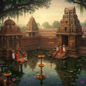A majestic aerial view of an ancient South Indian temple complex at golden hour, featuring intricate Dravidian architecture with towering gopurams decorated with detailed sculptures in rich gold, terracotta, and deep blue hues. In the foreground, a serene water tank reflects the temple's grandeur, surrounded by blooming lotus flowers. A group of devotees in traditional South Indian attire (men in white dhotis, women in silk sarees) perform ancient rituals near the temple entrance. Floating diyas and flower petals dot the water's surface, creating patterns of light. The scene is framed by banyan trees with hanging roots, while peacocks grace the temple steps. Soft, mystical light filters through morning mist, creating a dreamlike atmosphere. Small details include bronze oil lamps, granite sculptures, and traditional kolam patterns on the ground. The art style combines photorealistic architectural details with ethereal lighting and Madhubani-inspired decorative elements. The color palette features deep browns, burnt orange, gold, and peaceful blues, with hints of emerald green from the surrounding nature.
