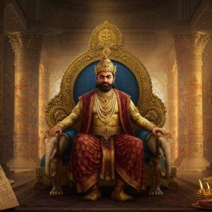 A majestic Indian ruler in royal Satavahana attire, wearing an ornate golden crown adorned with precious gems, seated on an intricately carved throne with elephant motifs. He's dressed in rich silk robes with traditional Satavahana patterns in deep maroon and gold. The background features a grand durbar hall with towering pillars decorated with Madhubani-style art depicting naval trade scenes and Buddhist influences. On either side, there are detailed elements showing coins bearing the Ujjain symbol, trading ships laden with cargo, and Buddhist stupas. The lighting is dramatic with warm golden rays filtering through ornate windows, creating a ethereal atmosphere. The scene includes subtle details like a royal seal, ancient manuscripts, and maritime trade maps. The art style combines traditional Indian Pattachitra techniques with modern digital art aesthetics, featuring rich jewel tones of peacock blue, royal purple, and burnished gold. The overall composition suggests power, prosperity, and the cultural synthesis of the Satavahana period.