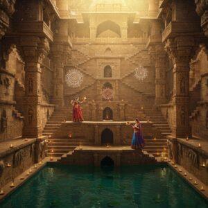 A magnificent ancient Indian stepwell with intricate geometric patterns carved into sandstone walls descending seven levels deep, illuminated by ethereal golden light streaming through the top. In Madhubani art style, ornate pillars adorned with lotus motifs and peacock designs frame the structure. Crystal-clear turquoise water reflects intricate architectural details at the bottom level. Two Indian women in traditional Rajasthani attire (one in royal blue ghagra, another in deep crimson) gracefully descend the steps with brass water vessels. Delicate mandalas float in the air, emitting soft pale pink and azure glows. The scene features detailed stone elephants and sacred geometric patterns along the walls. The perspective is slightly elevated, showing the mesmerizing symmetrical patterns of the steps. The atmosphere is mystical with subtle mist near the water surface, creating a dreamy effect. Small oil lamps line the steps, their flames creating dancing shadows. The color palette includes warm sandstone browns, deep turquoise, gold accents, and soft pastel glows, rendered in a harmonious blend of traditional Pattachitra and modern digital art styles.