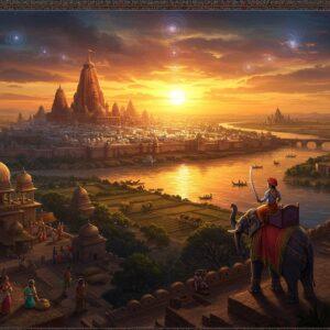 A majestic aerial view of ancient Mathura city, centerpiece of Surasena Mahajanapada, during golden sunset. The city features intricately detailed architecture with towering spires and domed structures in traditional Nagara style. The Yamuna River flows elegantly through the scene, its waters reflecting golden light. In the foreground, a noble Indian warrior in traditional armor stands atop a decorated elephant, holding a gleaming sword, symbolizing the Yadava dynasty. The landscape includes detailed agricultural fields, trading caravans, and distant fortifications. Rich, deep colors dominate - royal blues, burning golds, and deep crimsons. Artistic elements include ornate Madhubani-style border patterns, swirling cosmic designs, and subtle mandala motifs in the sky. The scene is rendered in a harmonious blend of realistic historical detail and ethereal Indian artistic traditions, with soft glowing highlights and mystical atmosphere. Small groups of citizens in period-accurate clothing engage in daily activities, showcasing the vibrant life of the mahajanapada. The lighting creates a dramatic interplay of light and shadow, emphasizing the grandeur of this ancient kingdom.