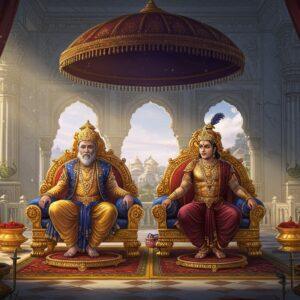 A grand, ornate royal durbar scene in ancient Mathura, featuring two noble figures - Surasena and Ugrasena seated on elevated golden thrones. Ugrasena, the elderly king wearing a magnificent golden crown and royal blue silk robes with intricate gold embroidery, emanates wisdom and authority. Beside him, Surasena in regal maroon attire with golden armor pieces, appears younger and more warrior-like. Both adorned with precious gems and traditional Indian royal jewelry. The background showcases a massive marble palace with Madhubani-style painted pillars and walls featuring intricate patterns of peacocks and lotuses. Soft, ethereal light streams through ornate windows, creating a divine atmosphere. The foreground displays royal insignias, weapons, and ceremonial items on golden pedestals. Art style combines traditional Indian Miniature painting techniques with modern digital art, featuring rich jewel tones of deep blue, gold, and maroon. The scene is framed by glowing mandalas and flowing silk curtains, with subtle spiritual symbols embedded in the architectural details.