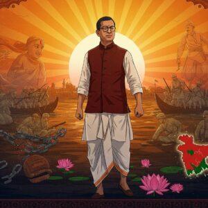 A dynamic scene depicting Surya Sen as a charismatic Indian revolutionary leader in traditional Bengali dhoti and kurta, standing tall with determined expression against the backdrop of sunrise over Chittagong. His face shows strength and wisdom, with distinctive round-rimmed glasses and short hair. The composition features intricate Madhubani-style border patterns in deep saffron and maroon. Behind him, a stylized scene shows the Chittagong Armoury raid with ethereal, translucent figures of revolutionaries in action. The foreground includes symbolic elements: a broken chain representing freedom, lotus flowers emerging from water showing hope, and a glowing mandala pattern incorporating the map of united Bengal. The lighting is dramatic with warm golden rays filtering through, creating a spiritual aura. The color palette combines deep patriotic hues of saffron, navy blue, and forest green with modern gradient effects. The scene is rendered in a fusion of traditional Indian art and contemporary digital illustration style, with attention to historical accuracy in clothing and setting details.
