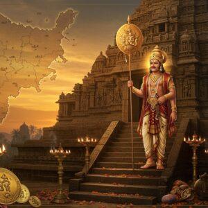 A majestic Indian king from the Kadamba dynasty stands atop ornate palace steps, wearing an elaborate golden crown adorned with peacock feathers (the royal symbol of Kadambas). He's dressed in rich silk robes with intricate Kadamba-era patterns, holding their distinctive royal emblem - a lion standard. Behind him, a massive stone temple architecture showcases the unique Kadamba style with its stepped pyramid design and ornate carvings. The scene is illuminated by warm, golden sunset light, creating dramatic shadows. Multiple brass oil lamps cast a mystical glow. In the foreground, royal insignias include copper plate inscriptions, gold coins bearing the Kadamba symbol, and ceremonial weapons. The background features a stylized map of the Kadamba territory in gold leaf style. The entire scene is rendered in deep, rich colors - royal burgundy, deep gold, and peacock blue, with meticulous attention to historical accuracy in jewelry and architectural details. The art style combines traditional Indian Miniature painting techniques with modern digital art aesthetics, featuring intricate patterns and borders inspired by Kadamba-era temple motifs. Atmospheric elements include wisps of sacred incense smoke and scattered marigold petals.