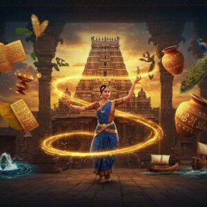 A majestic scene depicting ancient Tamil Nadu, featuring a grand stone temple with intricate Dravidian architecture in the background, its gopuram adorned with detailed sculptures. In the foreground, an ethereal female figure in a traditional Tamil silk saree (deep blue and gold) performs Bharatanatyam mudras, her movements creating luminous golden trails in the air. Around her, floating elements showcase Tamil cultural symbols - copper palm leaf manuscripts, ancient pottery with Tamil-Brahmi inscriptions, and a stylized Sangam-era port scene with ships. The composition includes mystical elements like glowing lotus flowers, peacocks, and flowing water representing the three ancient Tamil kingdoms. The lighting is dramatic with warm golden rays filtering through temple pillars, creating a dream-like atmosphere. The art style combines traditional Tanjore painting techniques with modern digital art, featuring rich colors of deep blue, gold, maroon, and copper. Ornate mandala patterns frame the scene, while subtle symbols of Tamil literature like the Thiruvalluvar silhouette appear in the swirling, magical atmosphere, all rendered in a photorealistic yet mystical style.